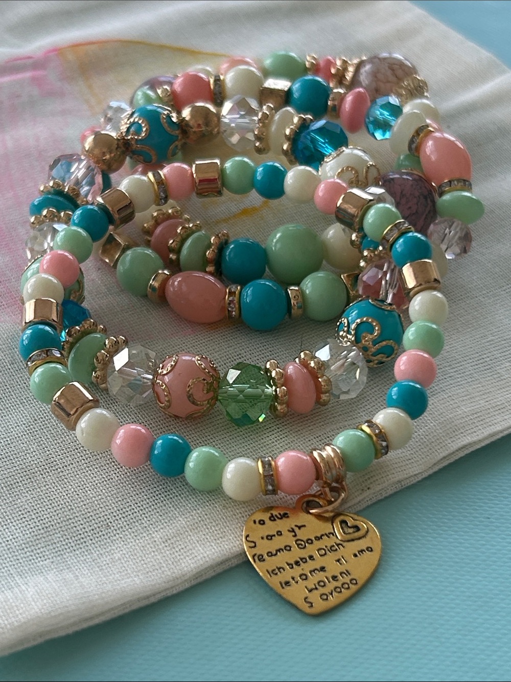 Boho Beaded Bracelet Set with Gold “I Love You” Heart In Multiple Languages NWOT